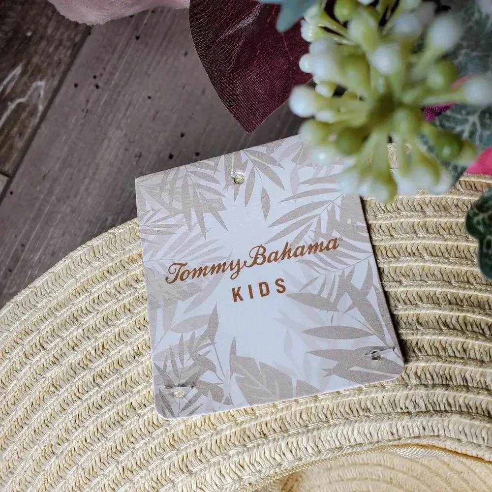 NWT Tommy Bahama Kids Girls Straw Hat with Blue & Pink Metallic Bow